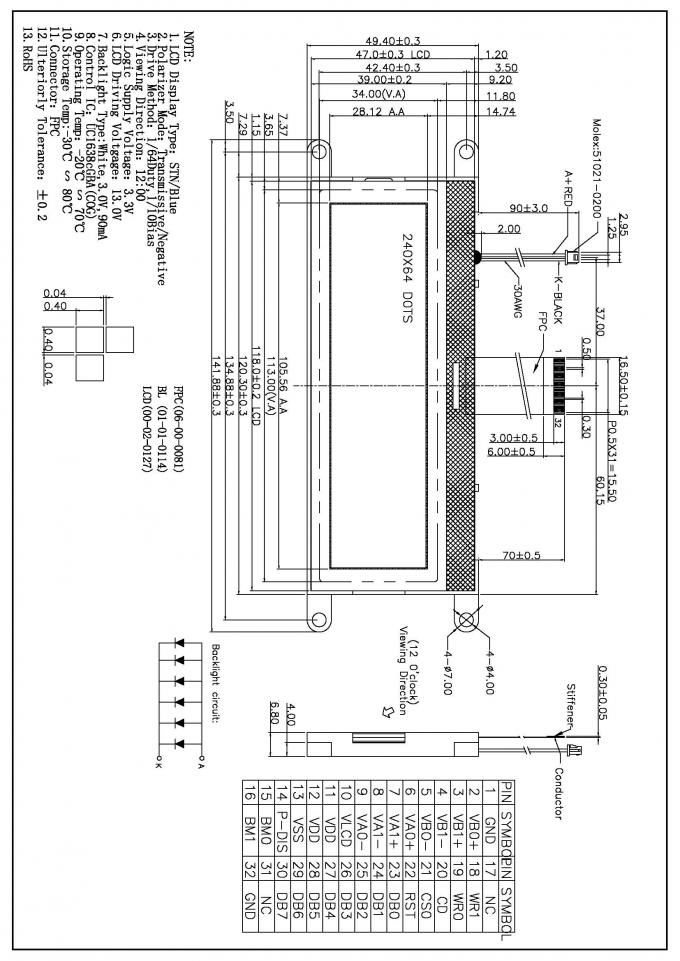 Co03 Display Routing COG Oled Graphic Display , Lcd Monochrome Display UC1638 Driver