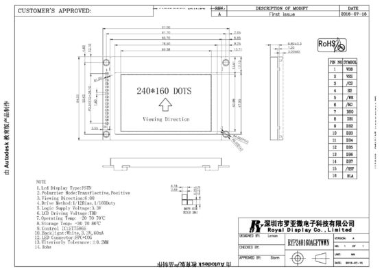 RYP240160A Custom Graphic LCD Module RYP240160A 6 O' Clock Viewing Angle