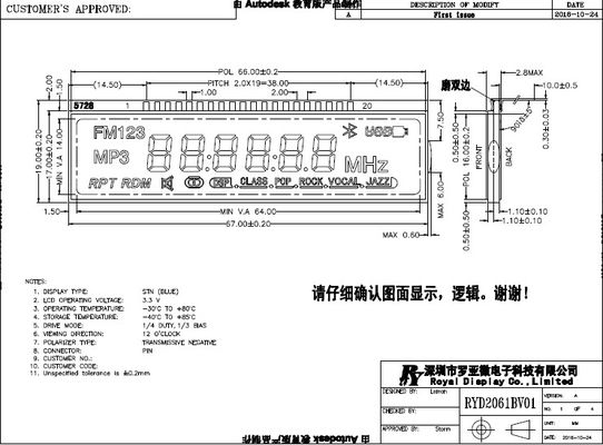 RYD2061BV01 Custom Lcd Panel Transmissive / Transflective / Reflective Mode