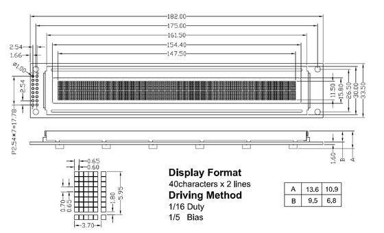 STN 40x2 Monochrome Lcd Display Module Low Power Consumption RYB4002A