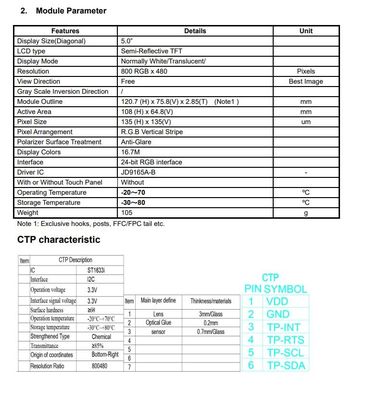 5 Inch Semi-Reflective TFT LCD Module 800*RGB*480 Free View With JD9165A-B CTP
