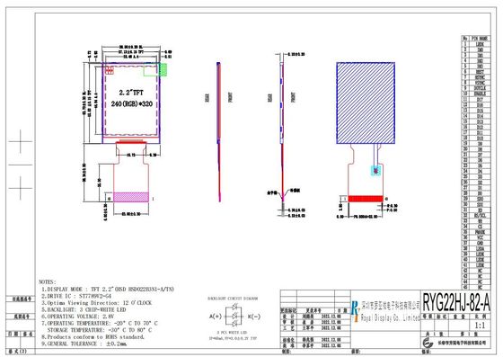 2.2 Inch TFT LCD Module 240*320 RGB 2.8v White Wide Temperature Display
