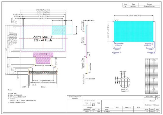 1.29'' 1.3'' OLED LCD Module 128*64 Monochrome Blue Wide Temperature Free View