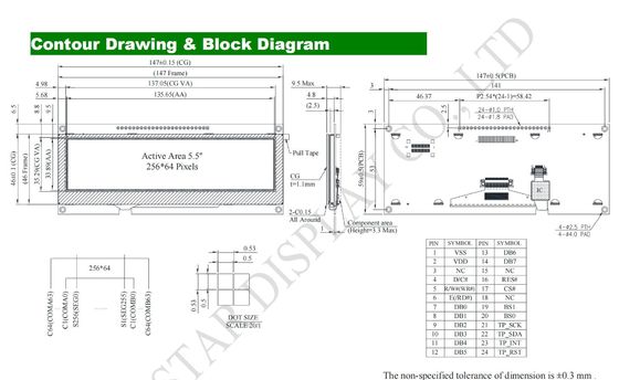 OLED Module 5.5'' 256*64 Monochrome COF with touch Winstar replace display