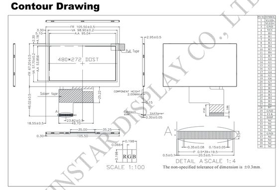 4.3'' 480*RGB*272 TFT LCD Module 16: 9 Transmissive 12h 3.3V Winstar Replacement