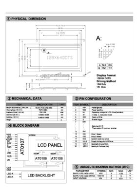 128*64 Graphic LCD Module With Backlight With AT0107/AT0108 Driver 20 Pin Industrial Display