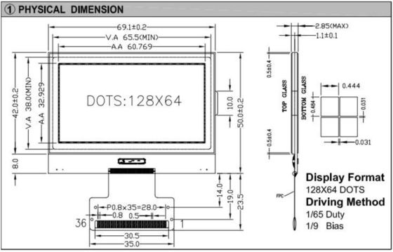 128*64 Graphic LCD Module FPC Interface ST7565 3.3v Wide Temperature Industrial Display