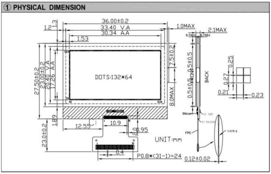132*64 Graphic LCD Module FSTN NT7534 FPC Connector Industrial Display 3.5v