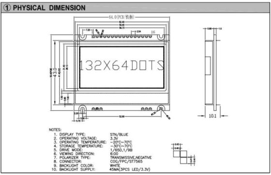 132*64 graphic LCD Module STN Blue wide temperature 6H negative industrial display with PCB