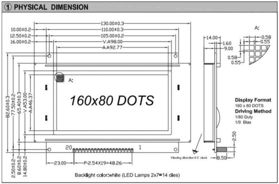160*80 Graphic LCD Module Big Size FSTN With Back Light 5.25v Wide Temperature LC7981 Industrial Display