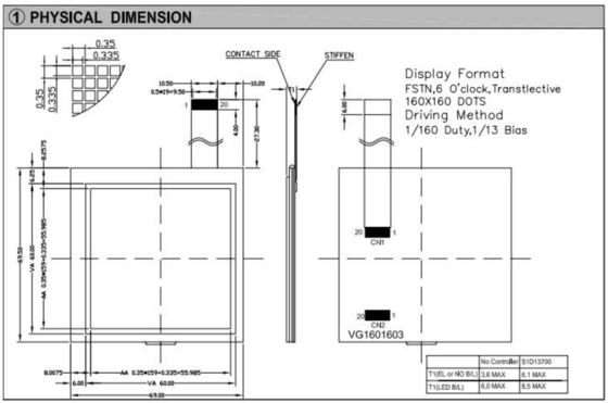 160*160 Graphic LCD Module FSTN 6H Transflective 60*60mm Square Industrial Display With Backlight