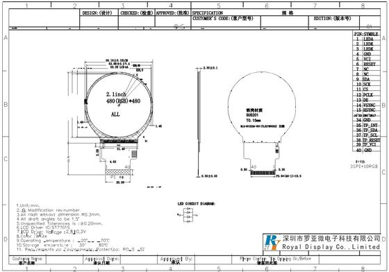 2.1 Inch Round 480*RGB*480 TFT LCD Module Free View Wide Temperature High Contrast For Smart Device Customizable