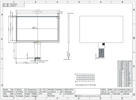 9.0'' TFT LCD Module Wide Temperature 800*RGB*480 12H Transmissive Customized Display