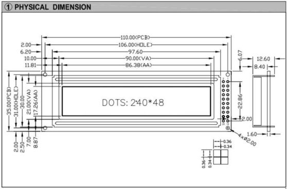 240*48 Graphic STN LCD Module With PCB Standoffs Backlight TS107/TS108 Industrial Display