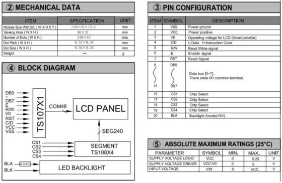 240*48 Graphic STN LCD Module With PCB Standoffs Backlight TS107/TS108 Industrial Display