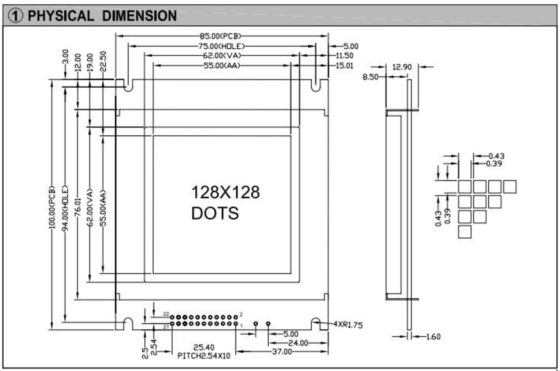 128*128 Graphic FSTN Monochrome LCD Module AT0107 22 Pin Industrial Display