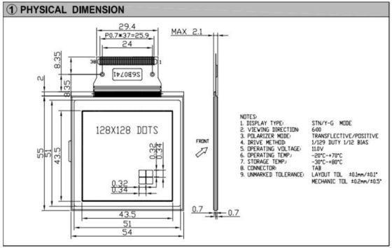 128*128 Graphic LCD Module STN Yellow Green Wide Temperature 6H Industrial Display