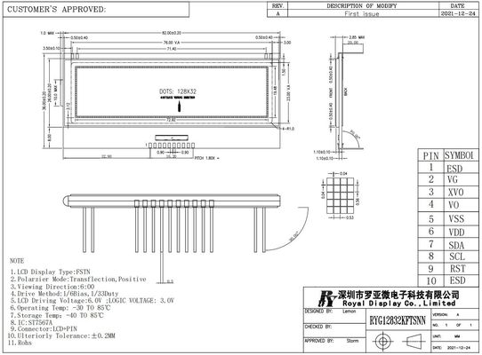 128*32 FSTN Graphic Transflective Positive 6H ST7567A Super Wide Temperature Industrial Display 10 Pin