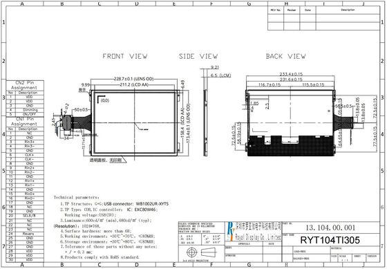 10.4'' TFT 1024*RGB*768 Wide Temperature LCD Module With Touch