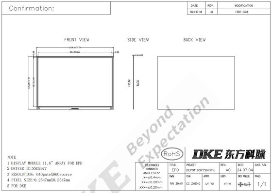 11.6'' 4 Color 960*640 TFT MCU High Contrast Interface E-paper Display EPD