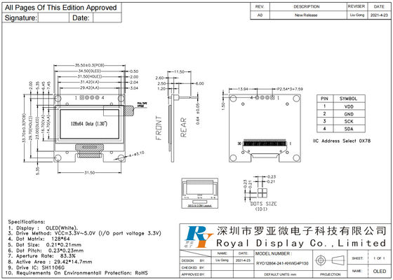 1.3'' 128*64 White Monochrome OLED I2C Interface Wide Temperature LCD Module