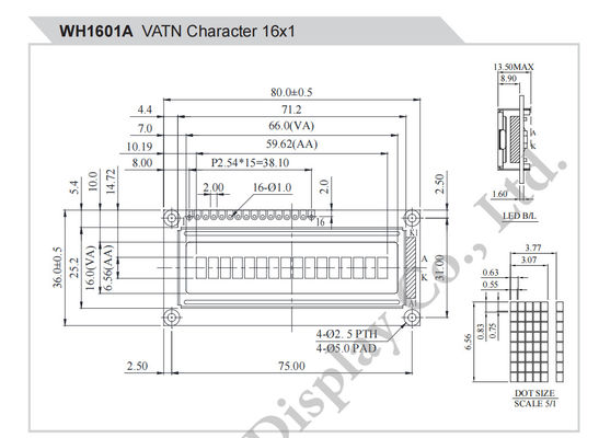 16*1 Character Monochrome SPI Interface Wide Temperature VATN LCD Module