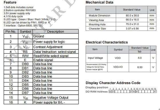 16*1 Character Monochrome SPI Interface Wide Temperature VATN LCD Module