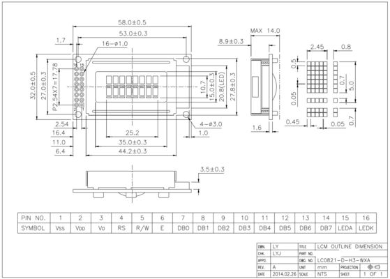 8*2 Character STN Monochrome 6H Wide Temperature LCD Module