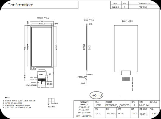 2.66'' 152*296 SSD1680Z8 SPI interface E-paper display EPD