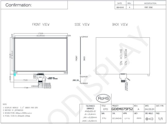 7.5'' 480*800 4 Color JD79665AA E-paper Display EPD