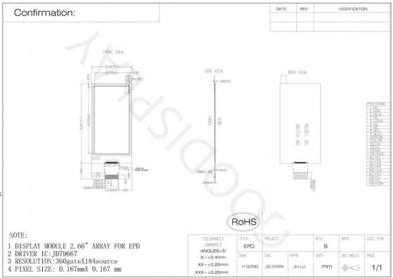 2.66'' 4 Color 360*184 JD76997 Based E-paper Display EPD Standard