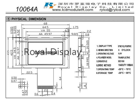 100X64 STN Graphic LCD Module 8.8V Monochrome COB FSTN Positive